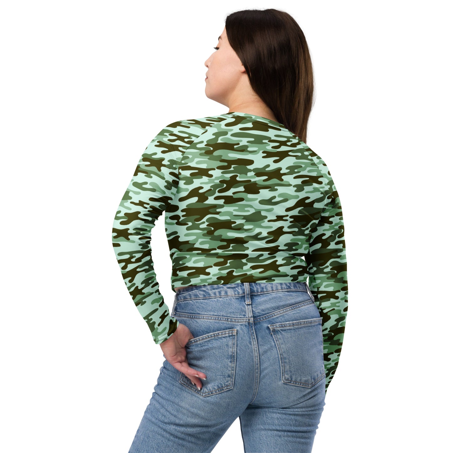 Recycled long-sleeve crop top No Pain No Gain (green camo 2)