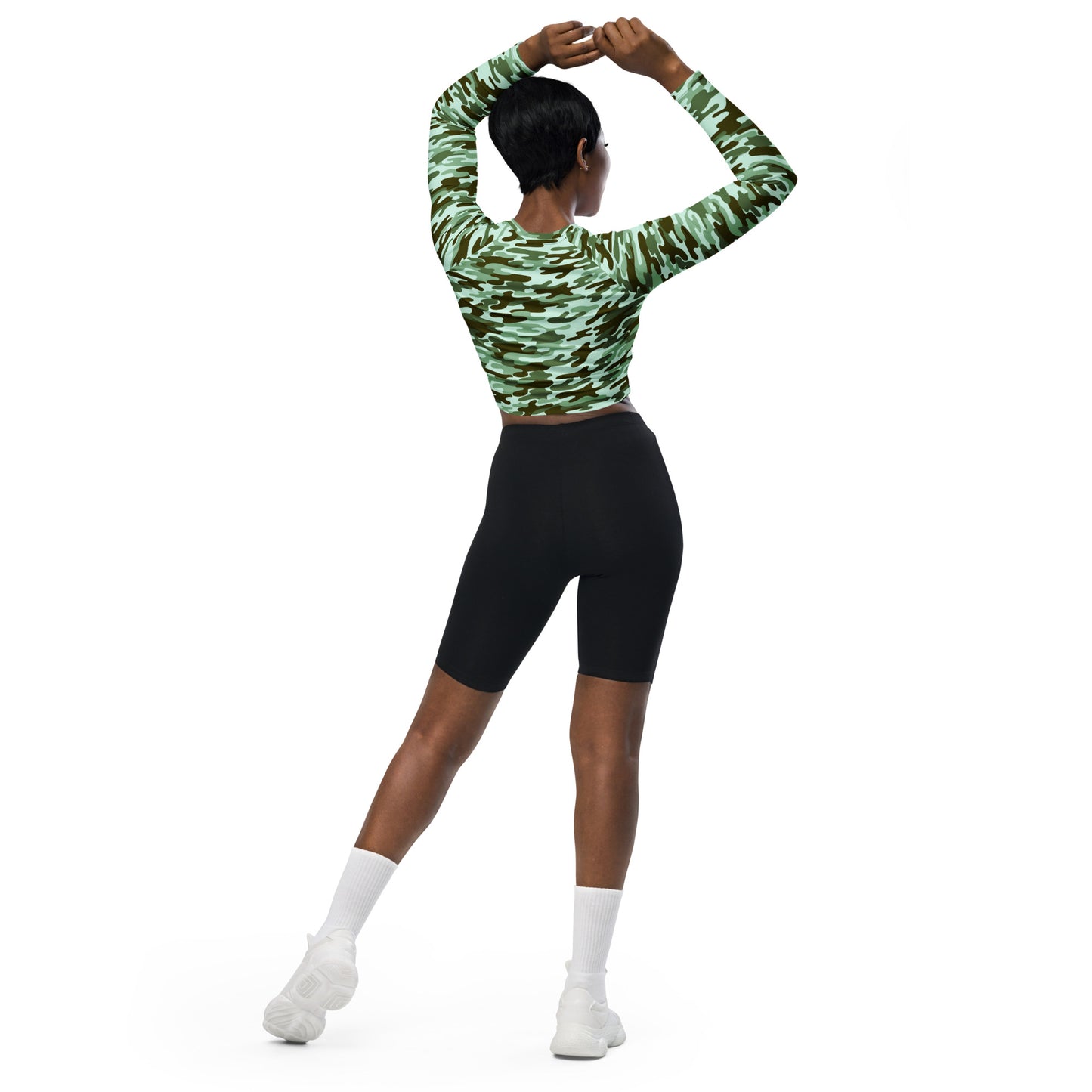 Recycled long-sleeve crop top No Pain No Gain (green camo 2)
