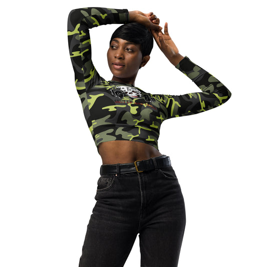 Recycled long-sleeve crop top No Pain No Gain (green camo)