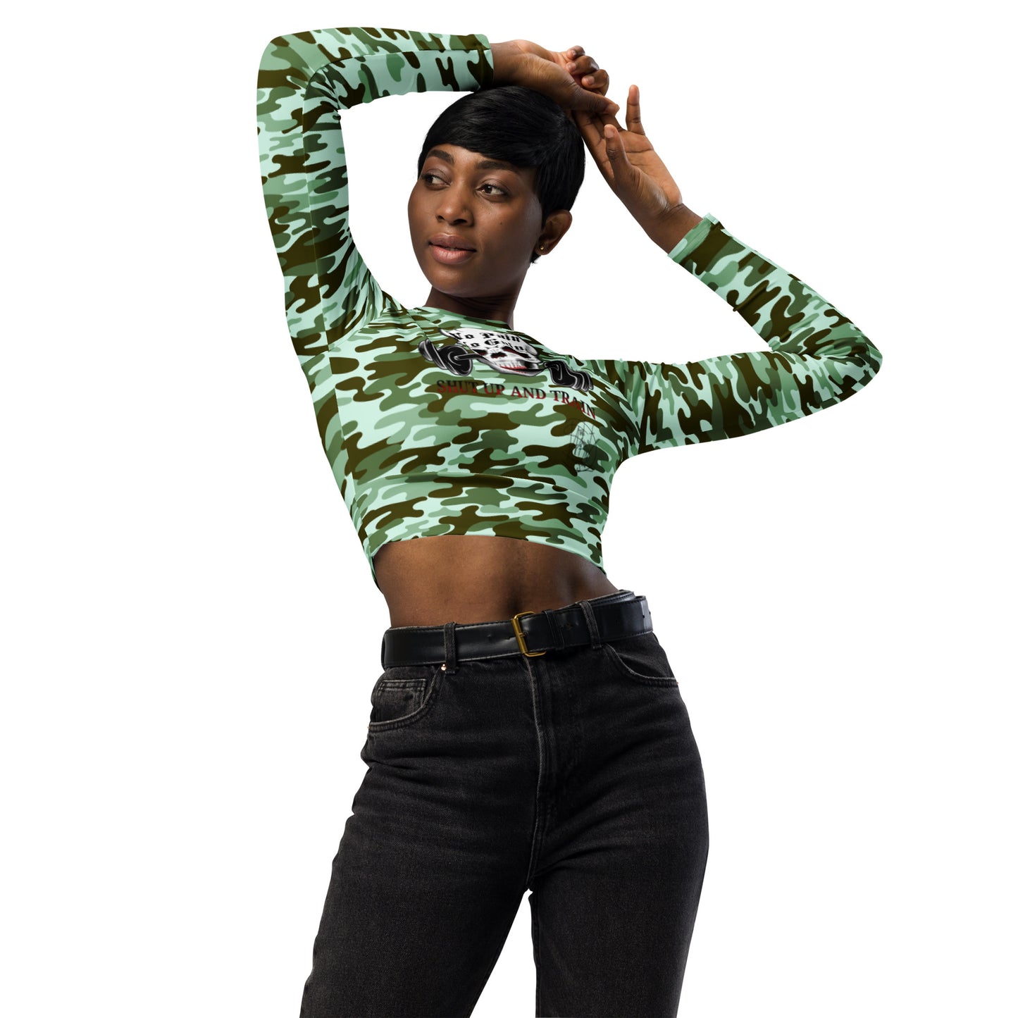 Recycled long-sleeve crop top No Pain No Gain (green camo 2)