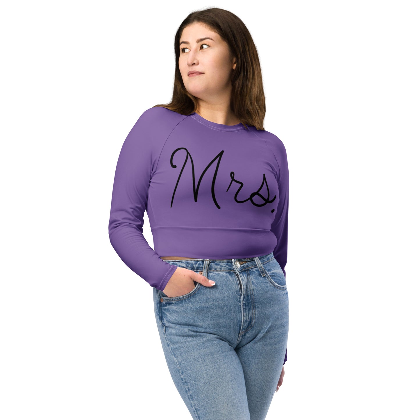 Recycled long-sleeve crop top Mrs Bride (purple)