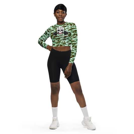 Recycled long-sleeve crop top No Pain No Gain (green camo 2)