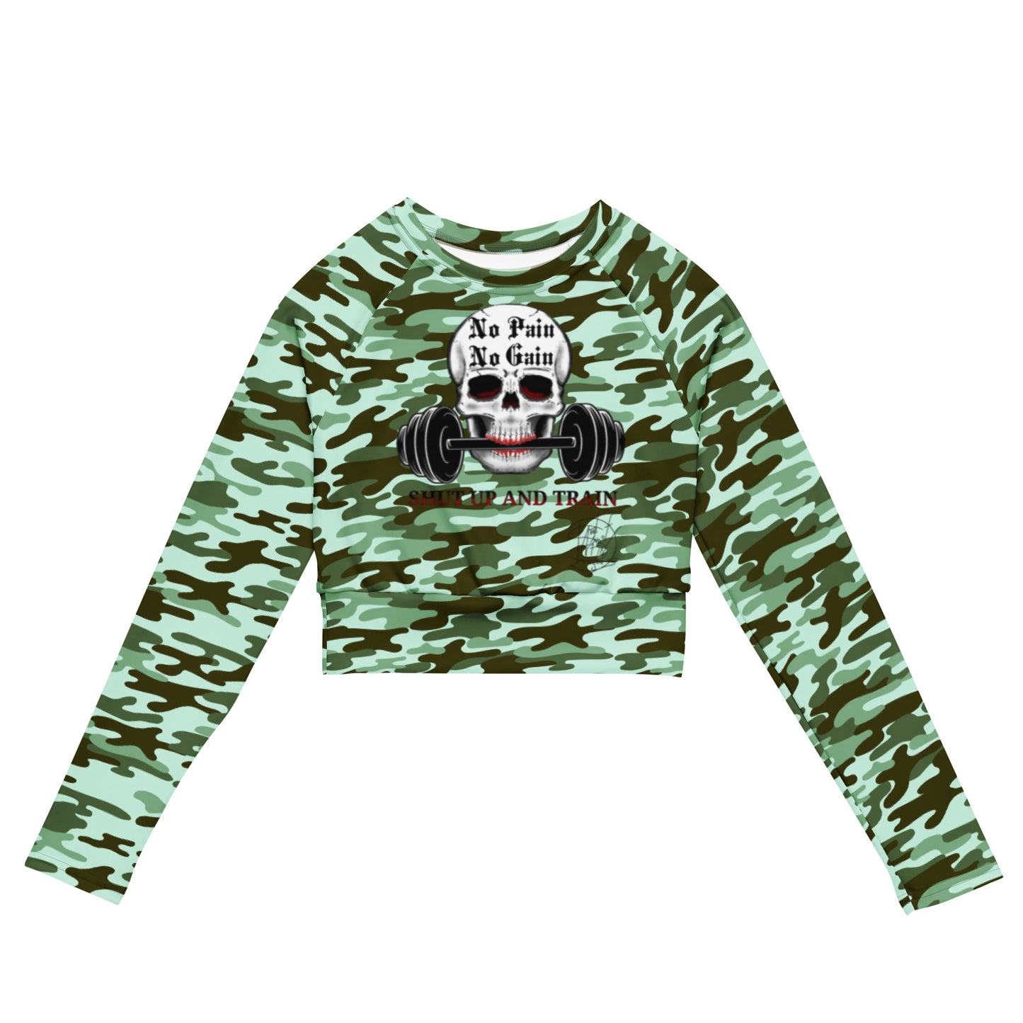 Recycled long-sleeve crop top No Pain No Gain (green camo 2)