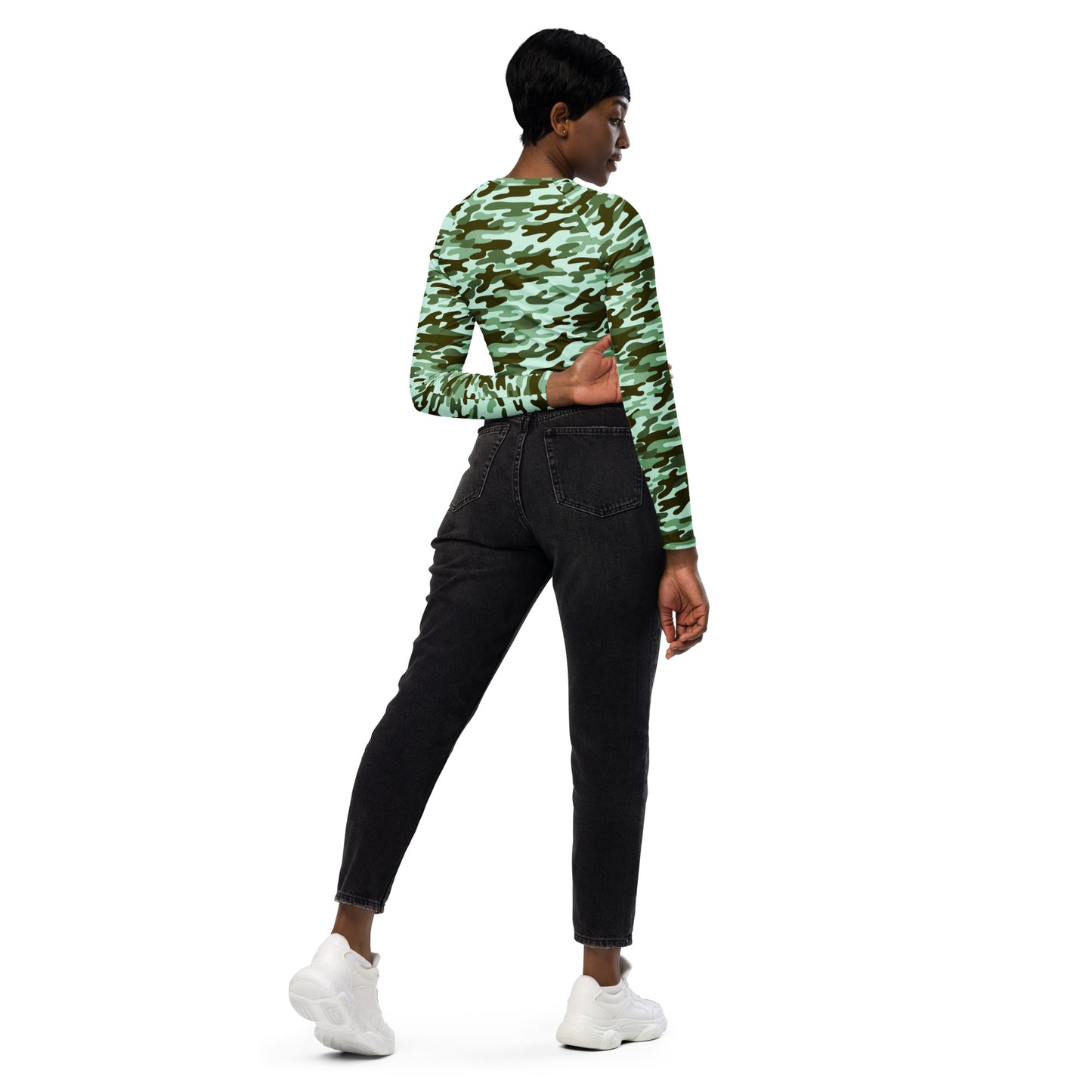 Recycled long-sleeve crop top No Pain No Gain (green camo 2)