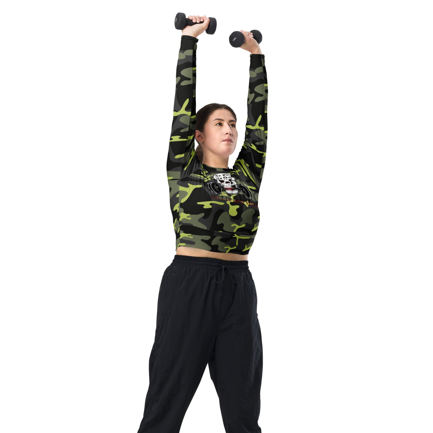 Recycled long-sleeve crop top No Pain No Gain (green camo)