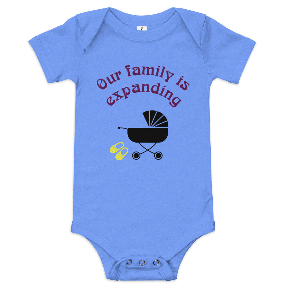 Baby short sleeve one piece Our family is expanding