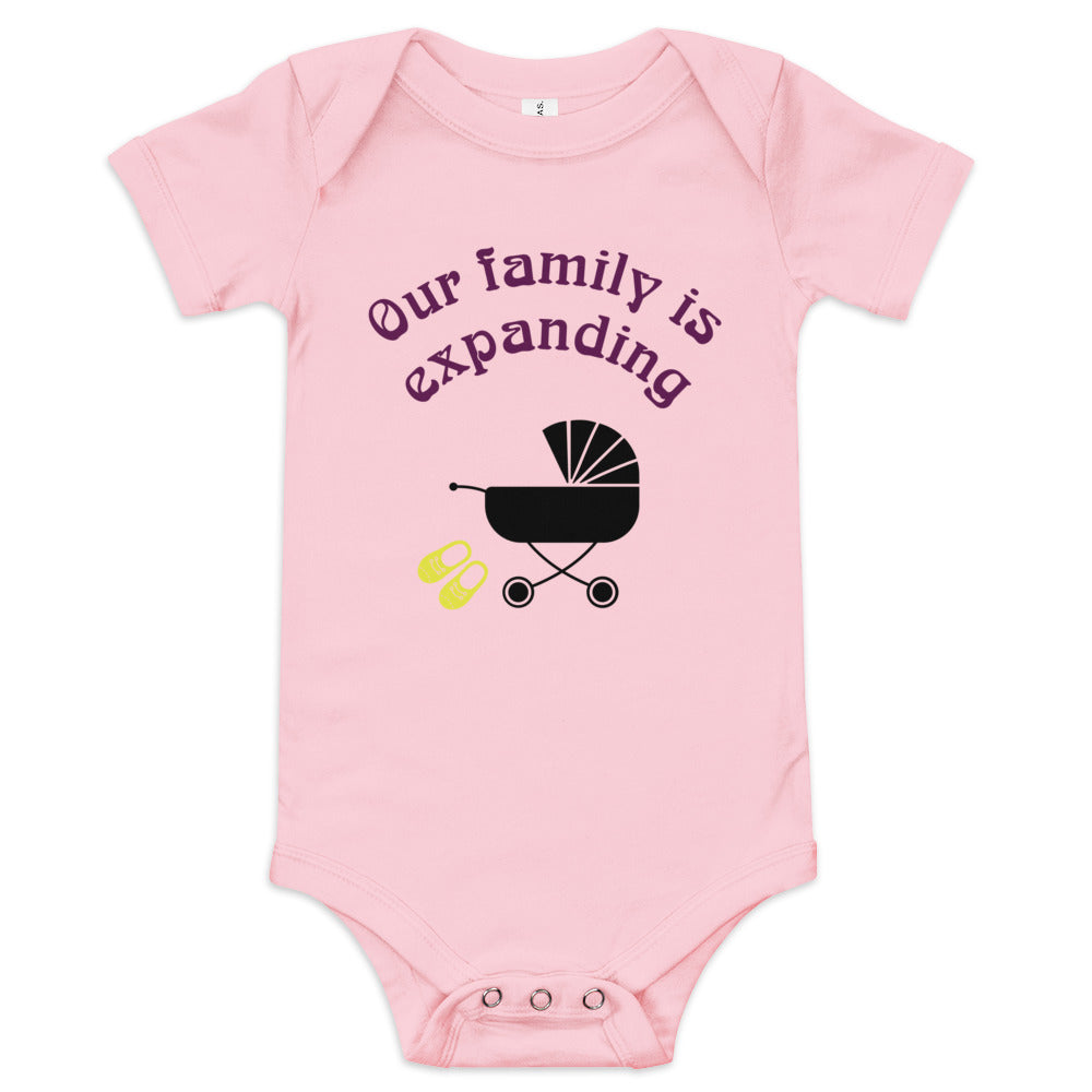 Baby short sleeve one piece Our family is expanding