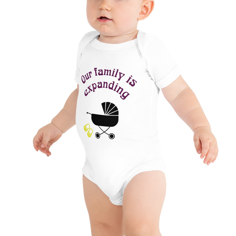 Baby short sleeve one piece Our family is expanding