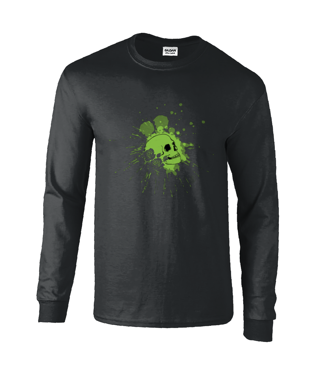 Gildan GD014 Ultra Cotton Adult Long Sleeve T-Shirt GREEN SKULL & ROSES