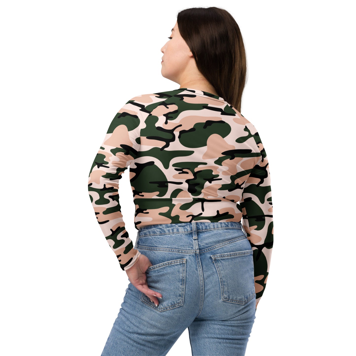 Recycled long-sleeve crop top No Pain No Gain (pink camo)