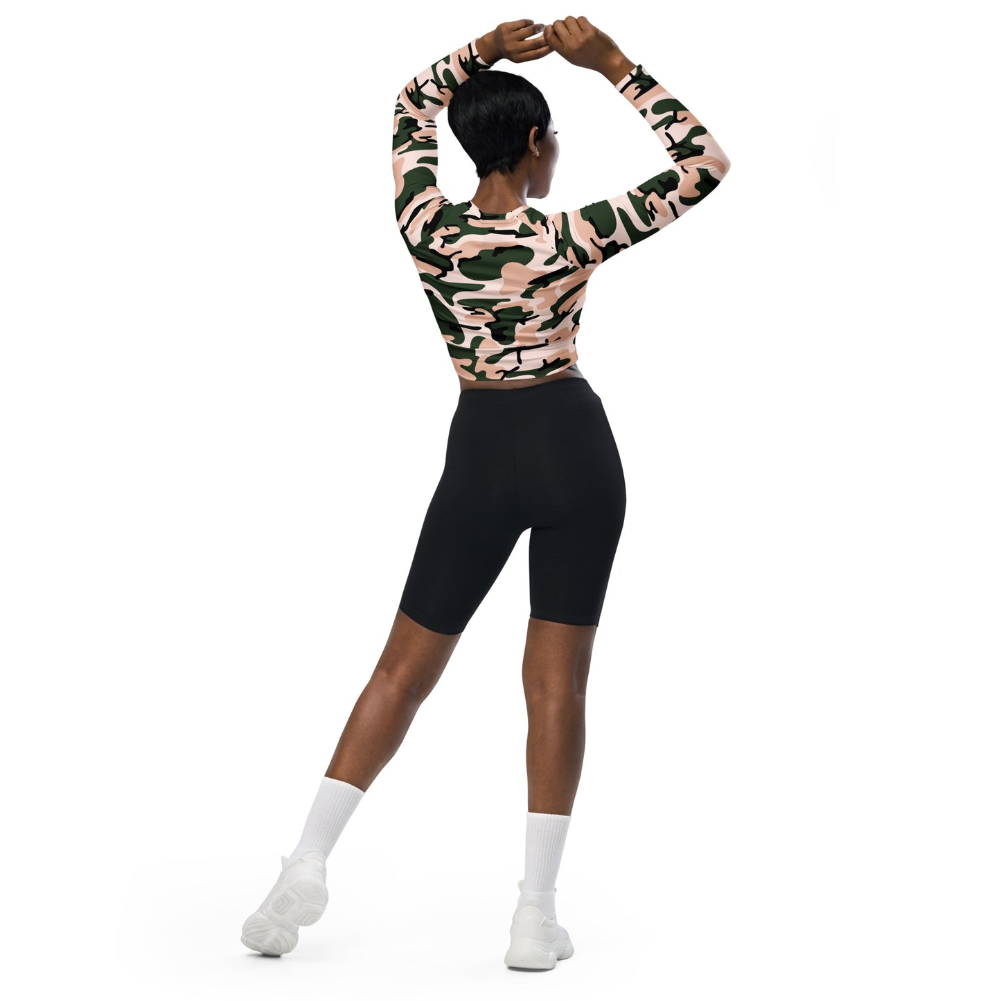 Recycled long-sleeve crop top No Pain No Gain (pink camo)