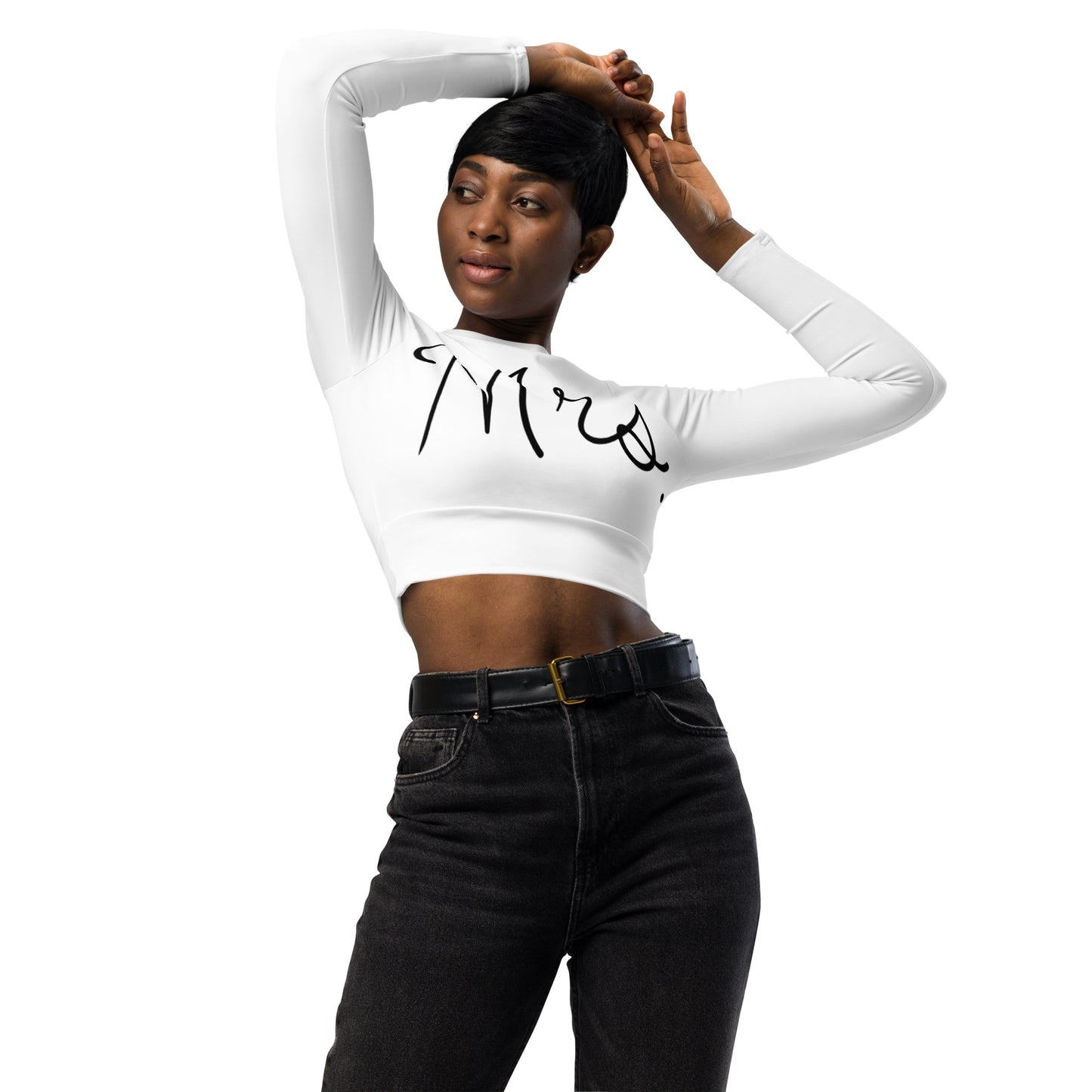 Recycled long-sleeve crop top Mrs Bride (white)