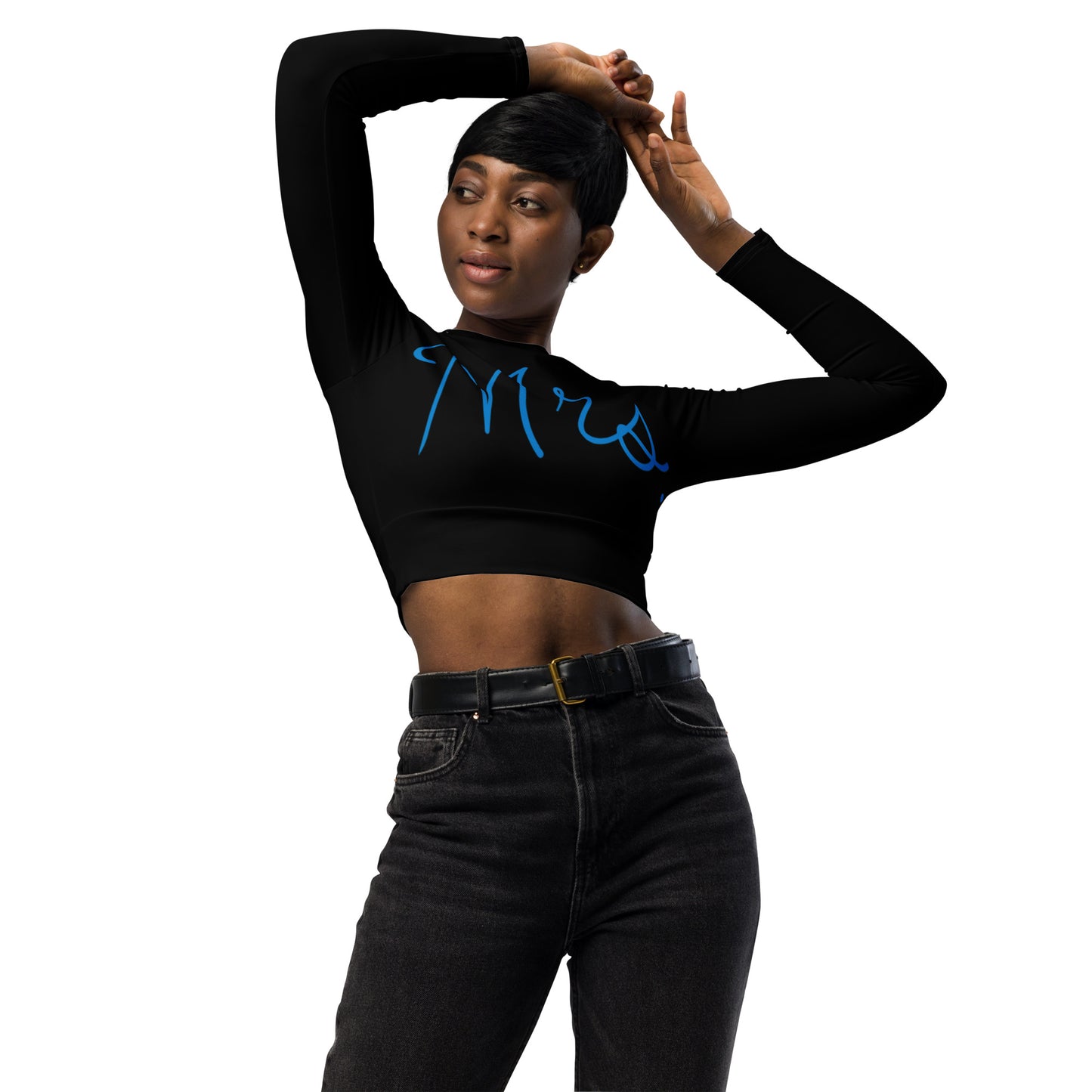 Recycled long-sleeve crop top Mrs Bride (black)