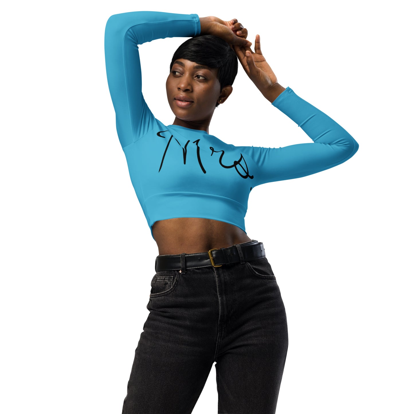 Recycled long-sleeve crop top Mrs Bride (blue)