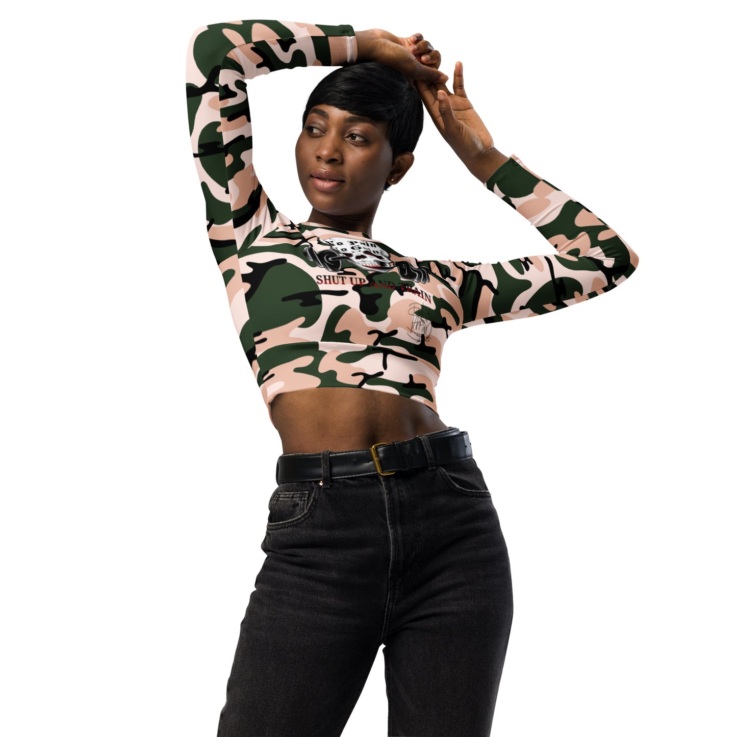 Recycled long-sleeve crop top No Pain No Gain (pink camo)