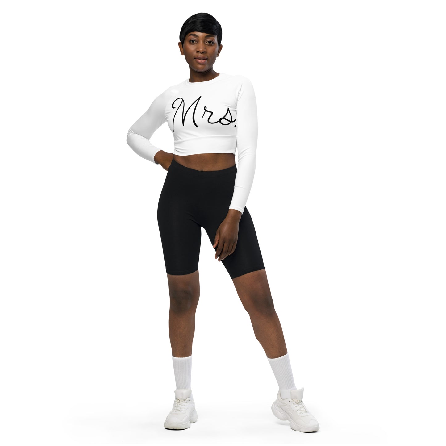 Recycled long-sleeve crop top Mrs Bride (white)