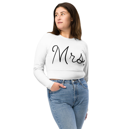 Recycled long-sleeve crop top Mrs Bride (white)