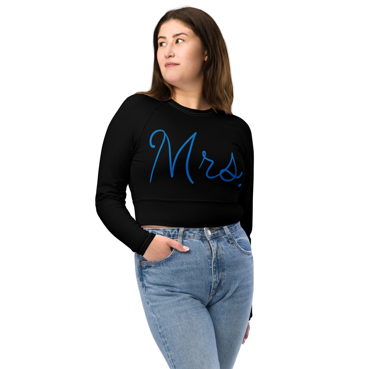 Recycled long-sleeve crop top Mrs Bride (black)