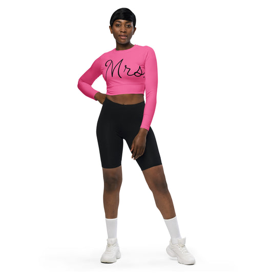 Recycled long-sleeve crop top Mrs Bride (pink)