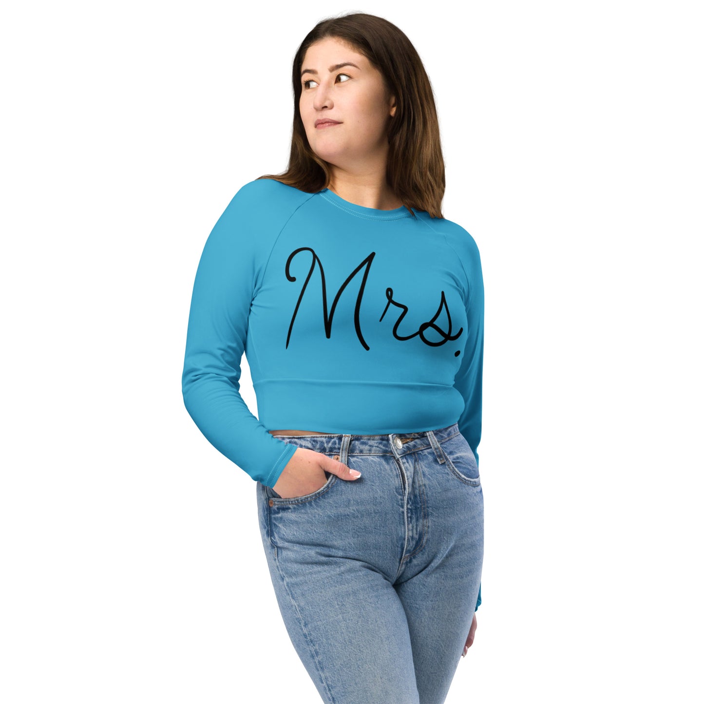 Recycled long-sleeve crop top Mrs Bride (blue)