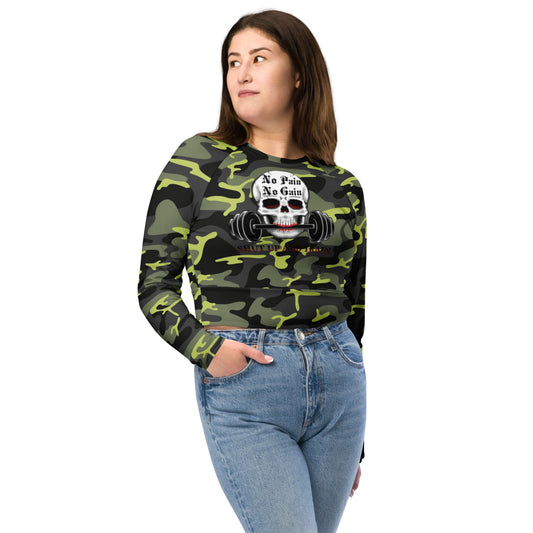 Recycled long-sleeve crop top No Pain No Gain (green camo)