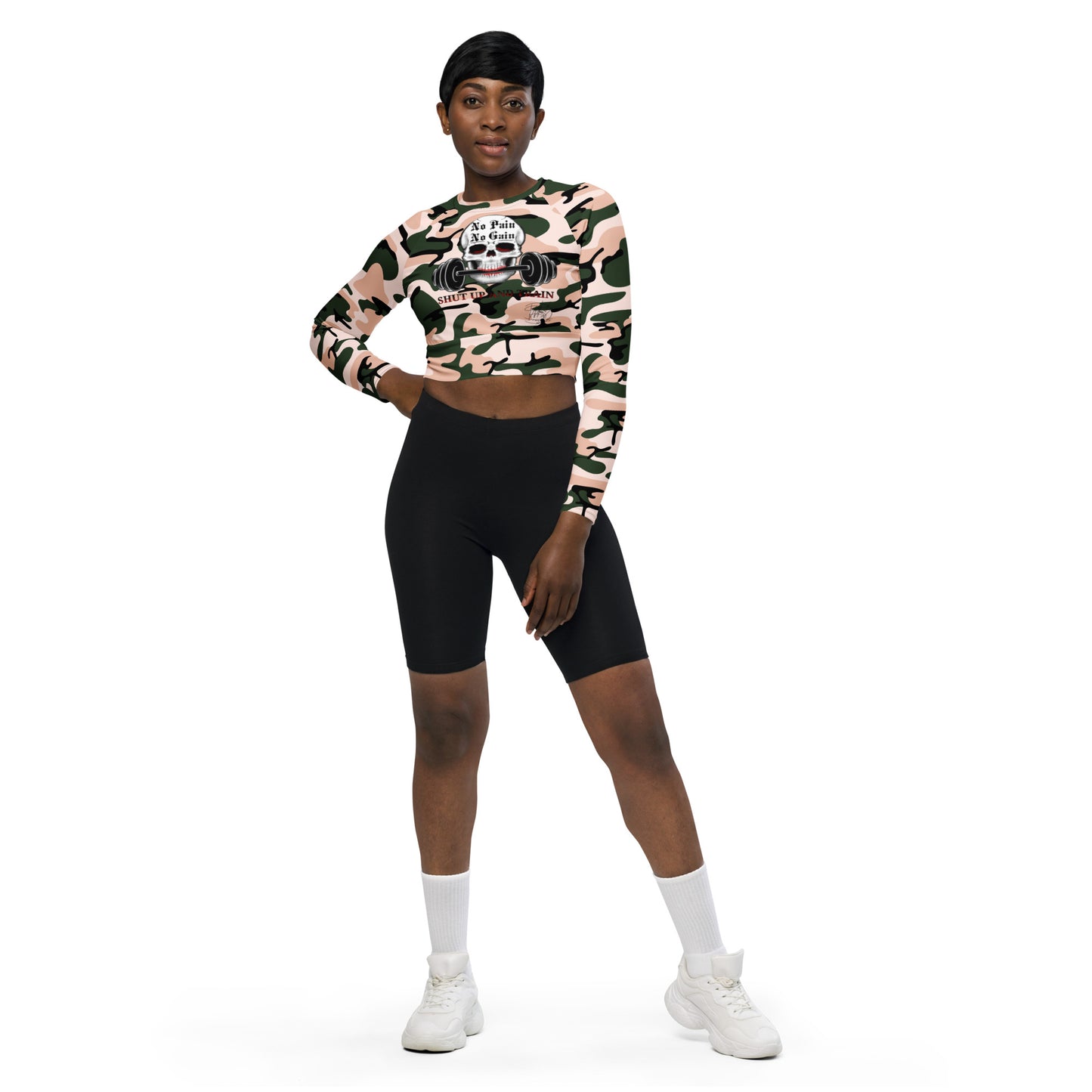 Recycled long-sleeve crop top No Pain No Gain (pink camo)