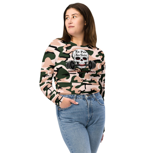 Recycled long-sleeve crop top No Pain No Gain (pink camo)