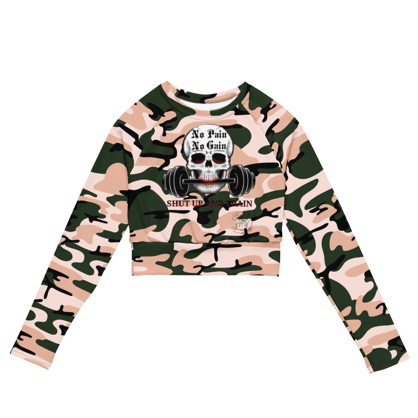 Recycled long-sleeve crop top No Pain No Gain (pink camo)