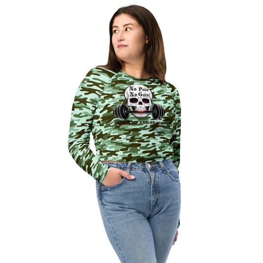 Recycled long-sleeve crop top No Pain No Gain (green camo 2)