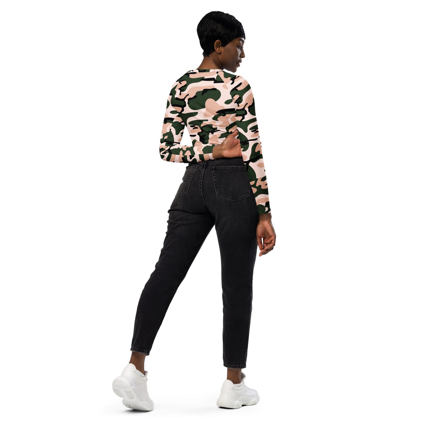 Recycled long-sleeve crop top No Pain No Gain (pink camo)