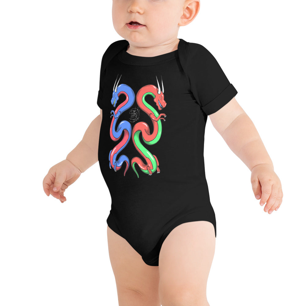 Baby short sleeve one piece Twin Dragons Blue Red